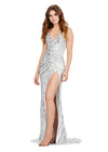 Silver/Ivory ASHLEYlauren 11236 strapless gown featuring a sweetheart neckline, modern floral sequin motif cascading down the bustier and skirt, and a left leg slit for a glamorous and head-turning look.