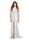 Silver/Ivory ASHLEYlauren 11395 fully beaded sequin gown featuring an intricate beaded motif, high neckline, cap sleeves, and a modest front slit for an elegant and regal look.