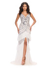 Silver/Ivory ASHLEYlauren 11438 glamorous gown featuring a sweetheart illusion V-neckline, ornate bead pattern, striking V-back, tiered ruffle skirt, and a center slit with tulle details for an elegant and dramatic look.