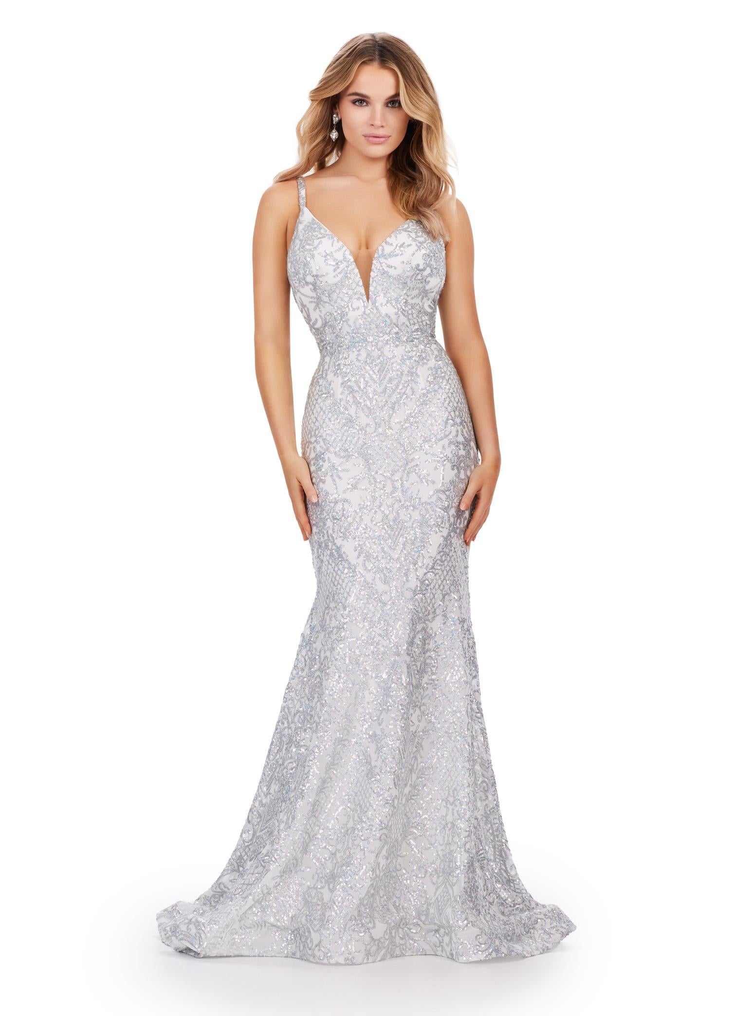 Silver/Ivory ASHLEYlauren 11466 fitted stretch sequin gown with V-neckline and deep V-back