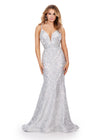 Silver/Ivory ASHLEYlauren 11466 fitted stretch sequin gown with V-neckline and deep V-back