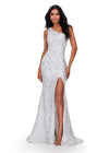 Silver/Ivory ASHLEYlauren 11471 one shoulder stretch sequin gown with illusion side cut out and left leg slit