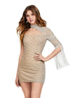Silver/Nude ASHLEYlauren 4585 fully beaded cocktail dress featuring an asymmetrical neckline, one sleeve with long fringe, and an open back for a bold and glamorous look.