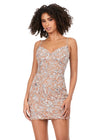 Silver/Nude ASHLEYlauren 4605 fully beaded cocktail dress featuring a sweetheart neckline, delicate spaghetti straps, a floral bead pattern, and a fitted skirt for a romantic and elegant look.