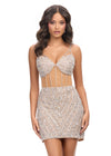 Silver/Nude ASHLEYlauren 4738 fully hand-beaded cocktail dress featuring spaghetti straps, an exposed boning corset bustier, and a fitted skirt for a unique and glamorous night-out look.