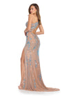 Back - Sky/Nude ASHLEYlauren 11819 One-Shoulder Fully Beaded Gown with Asymmetrical Lace-Up Back and Left Leg Slit