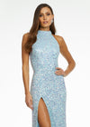 Sky ASHLEYlauren 11174 Fully Hand-Beaded Sequin Gown with Halter Neckline, Full Back, and Right Leg Slit