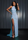 Sky ASHLEYlauren 11174 Fully Hand-Beaded Sequin Gown with Halter Neckline, Full Back, and Right Leg Slit