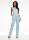 Sky ASHLEYlauren 11175 Fully Hand-Beaded Off-Shoulder Jumpsuit with V-Neckline and Straight Leg Pants
