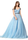 Sky ASHLEYlauren 11221 – A dazzling off-shoulder organza ball gown featuring a sweetheart neckline, ruched bodice, and spaghetti straps encrusted with rhinestones. Complete with an elegant belt and crystal details for a show-stopping look.