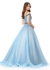 Back - Sky ASHLEYlauren 11221 – A dazzling off-shoulder organza ball gown featuring a sweetheart neckline, ruched bodice, and spaghetti straps encrusted with rhinestones. Complete with an elegant belt and crystal details for a show-stopping look.
