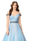 Sky ASHLEYlauren 11221 – A dazzling off-shoulder organza ball gown featuring a sweetheart neckline, ruched bodice, and spaghetti straps encrusted with rhinestones. Complete with an elegant belt and crystal details for a show-stopping look.