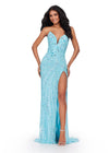 Sky ASHLEYlauren 11236 strapless gown featuring a sweetheart neckline, modern floral sequin motif cascading down the bustier and skirt, and a left leg slit for a glamorous and head-turning look.