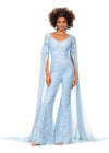 Sky ASHLEYlauren 11254 statement-making jumpsuit featuring a V-neckline bustier, intricate lace applique, sequin embellishments, and dramatic chiffon floor-length sleeves for a bold and glamorous entrance.