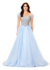 Sky ASHLEYlauren 11314 off shoulder gown featuring feather straps, a crystal-encrusted bustier, and a flowing organza A-line skirt with wire hem.