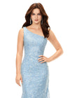 Sky ASHLEYlauren 11334 One Shoulder Sequin Gown with Lace Appliqué Bodice, Fitted Skirt, Full Zipper Back, and Sweep Train