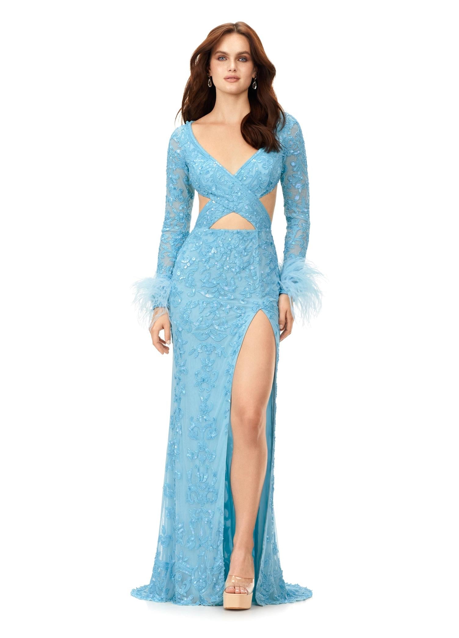 Sky ASHLEYlauren 11364 beaded gown featuring a V-neckline, crisscross cut-out bodice, long sleeves trimmed with feathers, left leg slit, and a sweep train for added drama.
