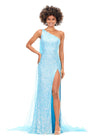 Sky ASHLEYlauren 11371 dazzling one shoulder sequin gown featuring a fully hand-beaded design, a detachable chiffon cape, and a left leg slit, available in vibrant color options for a bold and glamorous statement look.