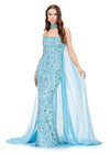 Sky ASHLEYlauren 11404 breathtaking strapless gown featuring intricate full sequin beading, a matching sequin choker, and a flowing chiffon cape for a dramatic and statement-making look.