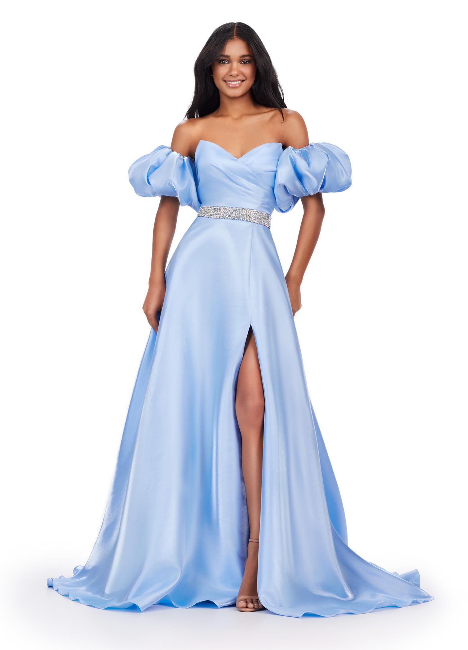 Sky ASHLEYlauren 11474 strapless satin ball gown with sweetheart neckline, beaded belt, left leg slit, and detachable puff sleeves
