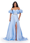 Sky ASHLEYlauren 11474 strapless satin ball gown with sweetheart neckline, beaded belt, left leg slit, and detachable puff sleeves