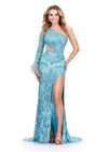 Sky ASHLEYlauren 11649 One Shoulder Fully Beaded Gown with Intricate Beading, Side Cut Out, Feather Cuff Detail, Left Leg Slit, and Sweep Train