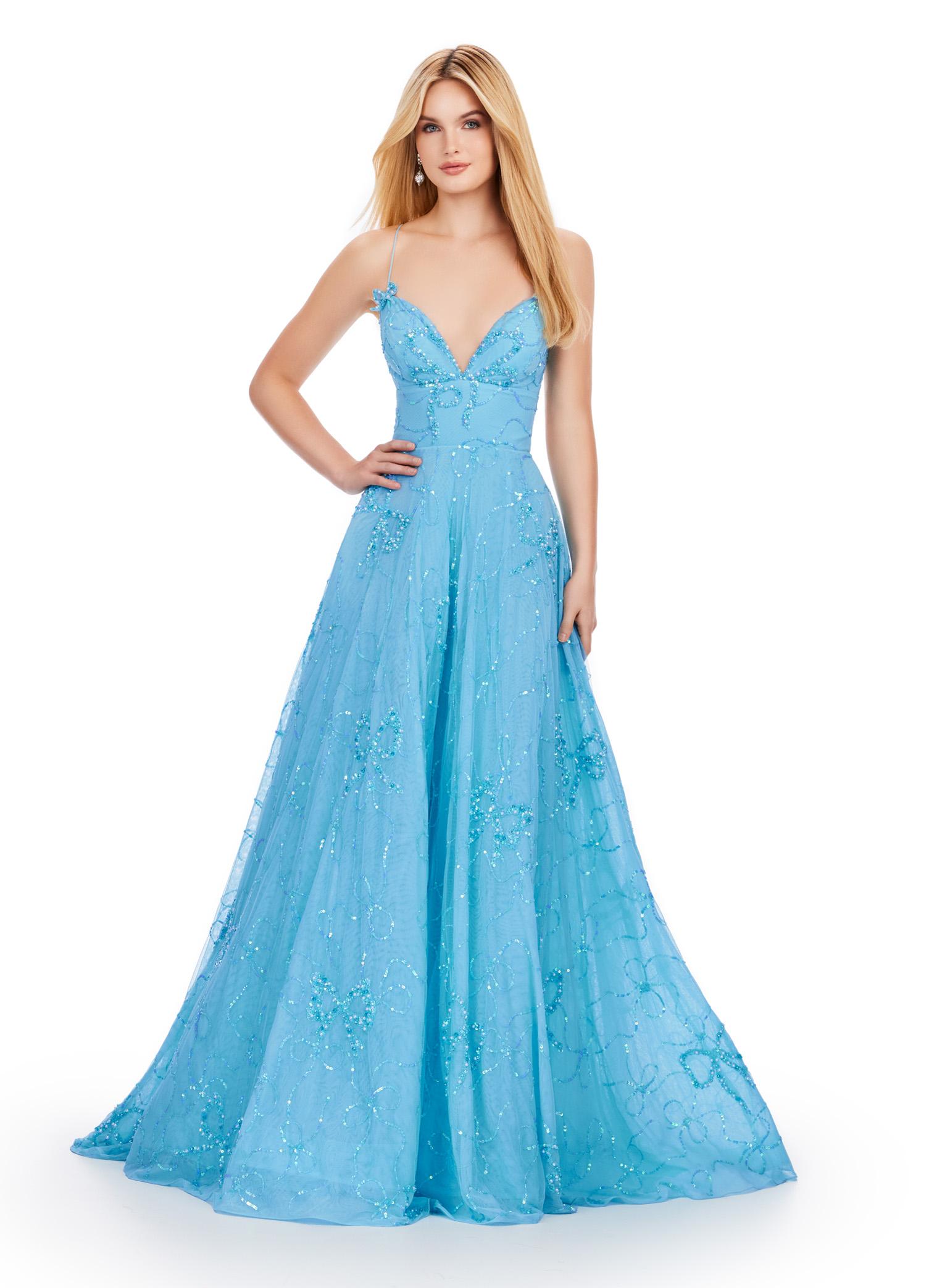 Sky ASHLEYlauren 11658 Fully Beaded A-Line Tulle Gown with Sweetheart Neckline, Intricate Bow Accents, and Lace Up Back