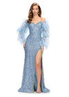 Sky ASHLEYlauren 11667 fully hand-beaded gown featuring a sweetheart neckline, off shoulder feather-adorned sleeves, crystal-trimmed bustier and left leg slit for a glamorous and luxurious look.