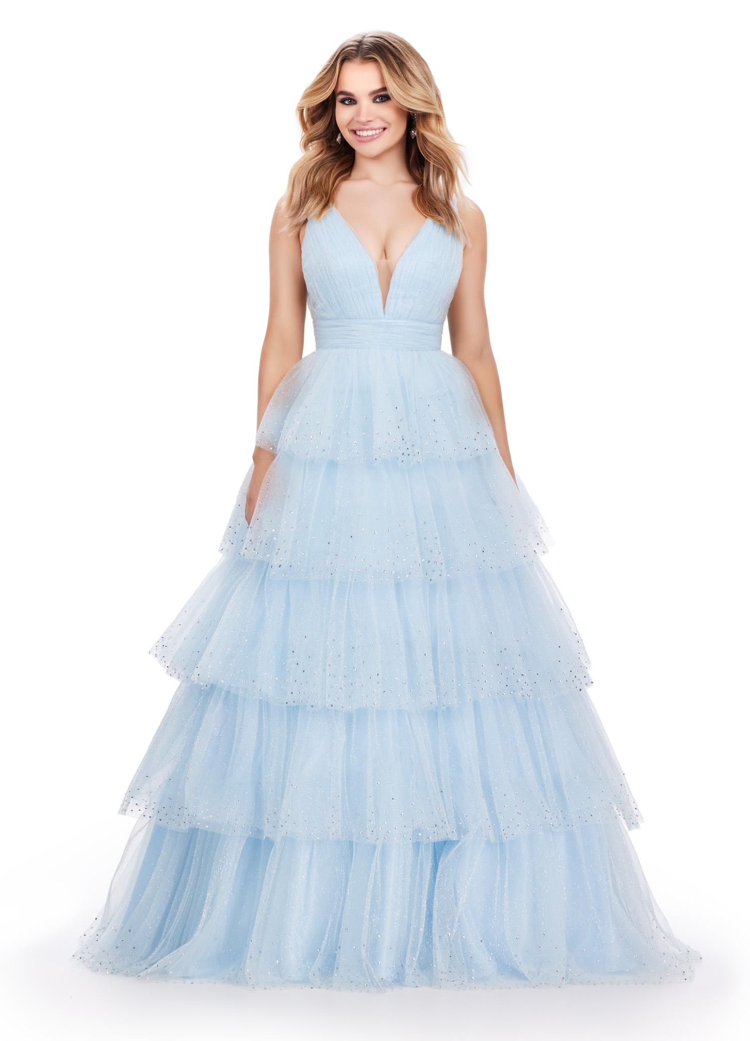 Sky ASHLEYlauren 11672 Sparkling Glitter Tulle Ball Gown with V-Neckline, V-Back, Heat-Set Stones, and Voluminous Multi-Tiered Ruffle Skirt