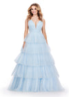 Sky ASHLEYlauren 11672 Sparkling Glitter Tulle Ball Gown with V-Neckline, V-Back, Heat-Set Stones, and Voluminous Multi-Tiered Ruffle Skirt