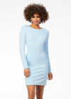 Sky ASHLEYlauren 4336 fitted short dress featuring a classic crew neckline, long sleeves with shoulder pads, and a full exposed zipper back for a sleek and modern look.