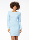 Sky ASHLEYlauren 4336 fitted short dress featuring a classic crew neckline, long sleeves with shoulder pads, and a full exposed zipper back for a sleek and modern look.