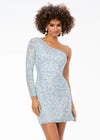 Sky ASHLEYlauren 4457 fully hand-beaded cocktail dress featuring a one shoulder sleeve and a fitted skirt for a sleek and glamorous silhouette.