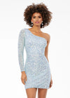 Sky ASHLEYlauren 4457 fully hand-beaded cocktail dress featuring a one shoulder sleeve and a fitted skirt for a sleek and glamorous silhouette.