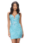 Sky ASHLEYlauren 4500 strapless gown featuring a plunging V-neckline, ornate sequin bead pattern, and striking V-back for a bold and glamorous look.