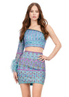 Sky ASHLEYlauren 4597 fully beaded two-piece set featuring a one sleeve top with feather trim and a matching skirt, adorned with an intricate, bright bead pattern for a bold and standout look.