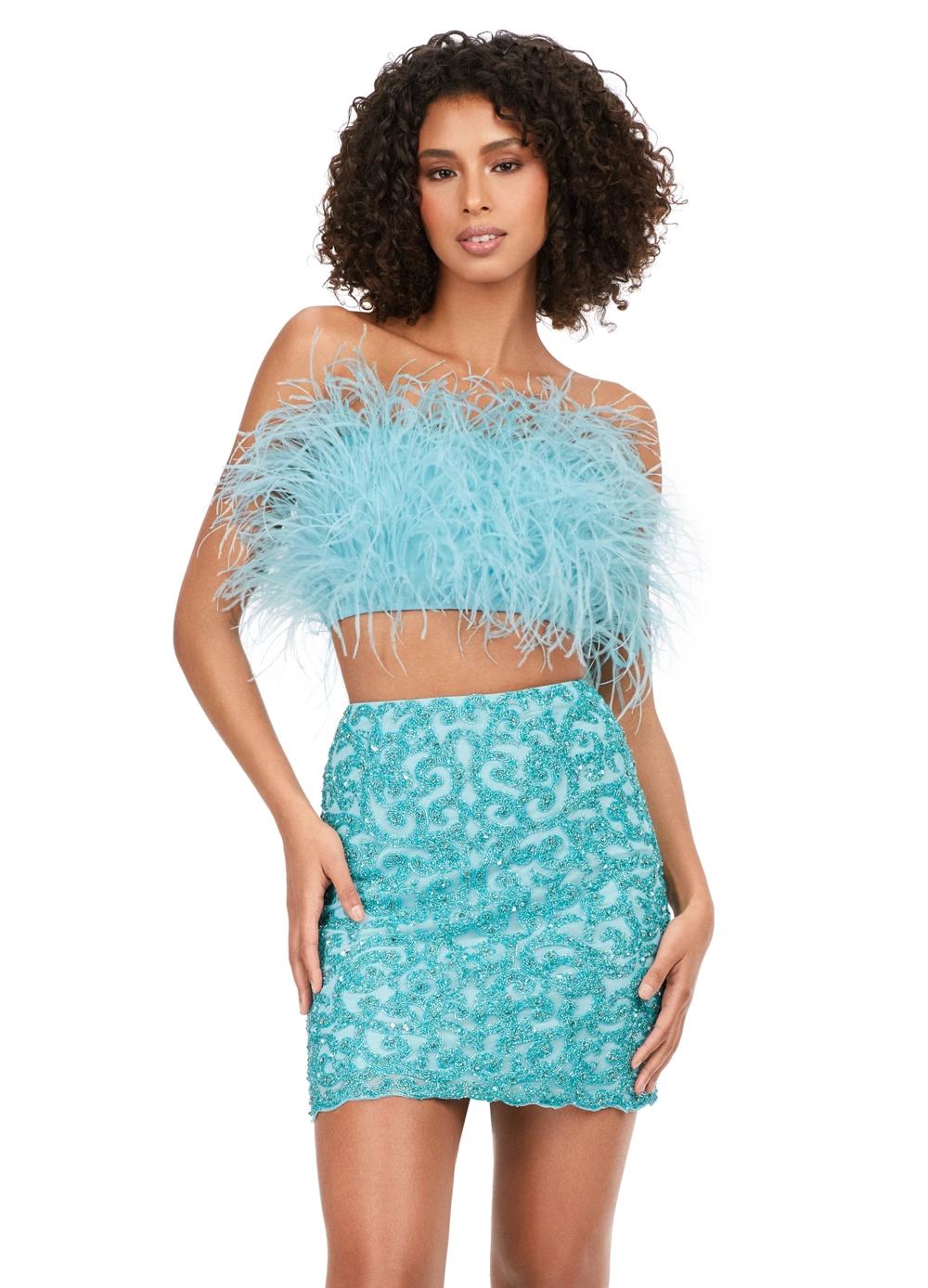Sky ASHLEYlauren 4599 – A stunning two-piece set featuring a strapless feather bustier and a fully beaded fitted skirt. This gorgeous, statement-making outfit is a must-have addition to your closet.