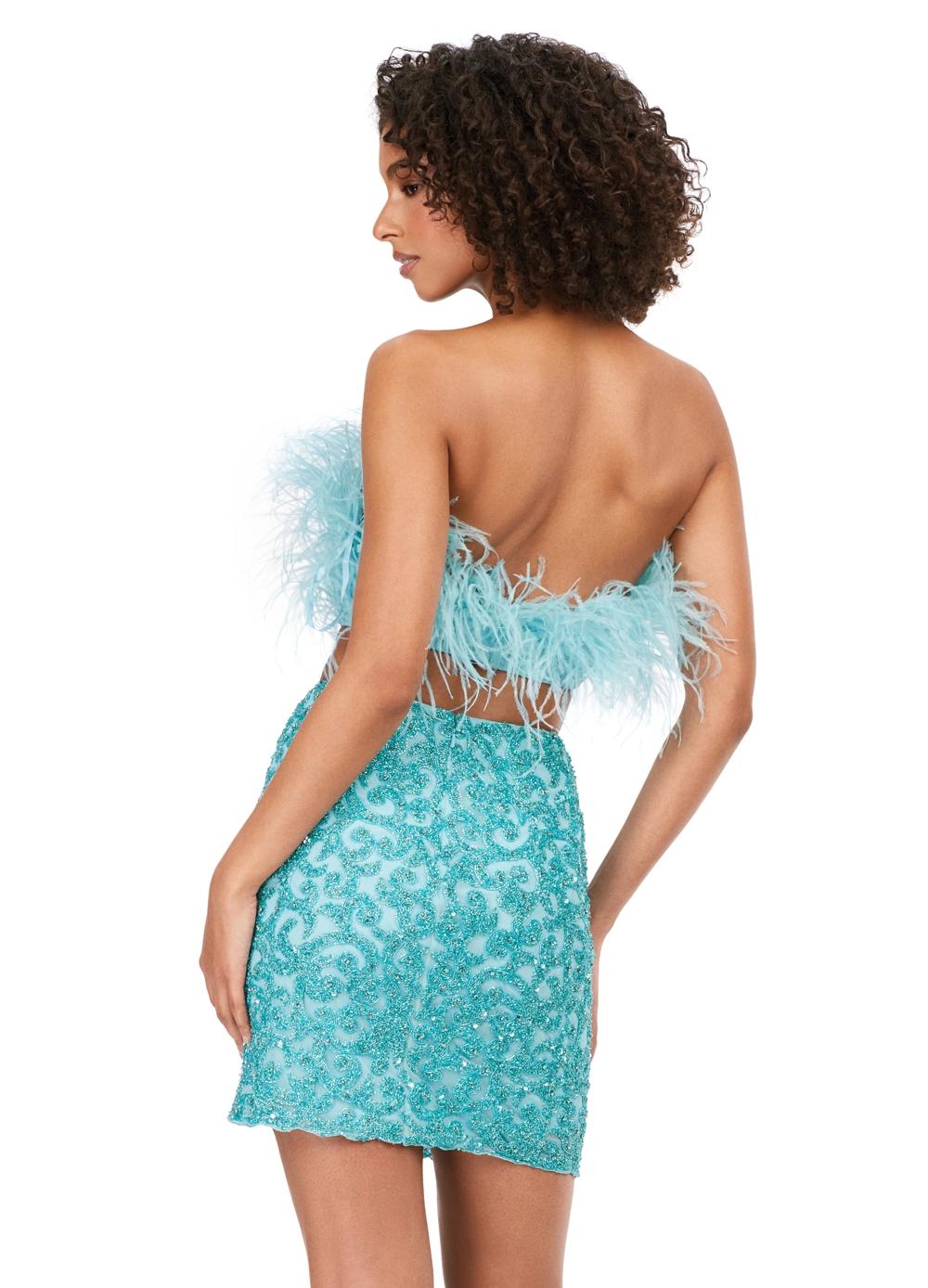 Back - Sky ASHLEYlauren 4599 – A stunning two-piece set featuring a strapless feather bustier and a fully beaded fitted skirt. This gorgeous, statement-making outfit is a must-have addition to your closet.