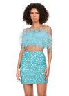 Sky ASHLEYlauren 4599 – A stunning two-piece set featuring a strapless feather bustier and a fully beaded fitted skirt. This gorgeous, statement-making outfit is a must-have addition to your closet.