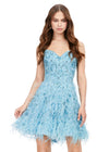 Sky ASHLEYlauren 4604 – A fabulous cocktail dress featuring intricate beading throughout, a sweetheart neckline, spaghetti straps, and an A-line skirt adorned with feather details. Perfect for turning heads on the dance floor or stage.