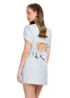 Back - Sky ASHLEYlauren 4809 Tweed Cocktail Dress with Crew Neckline, Pearl-Trimmed Puff Sleeves, Back Cut-Out, and Bow Detail