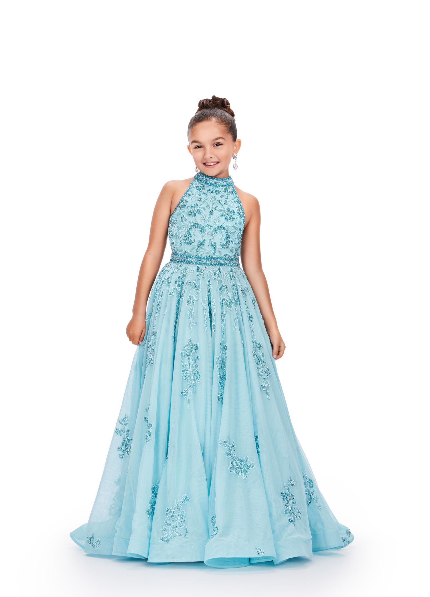 ASHLEYlauren 8238 - Beaded Kids' Ball Gown with Halter Neckline