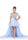 Sky ASHLEYlauren 8259 fun and flirty kids high-low tulle dress featuring a V-neckline, V-back, off shoulder feather straps, and a crystal-encrusted beaded bustier for a dazzling and stylish look.