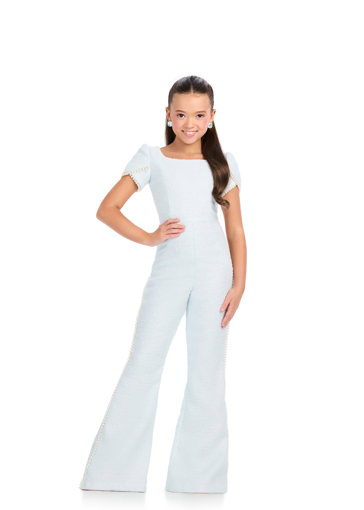 ASHLEYlauren 8309 Tweed Jumpsuit with Pearl Trim