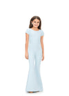 Sky ASHLEYlauren Kids 8157 stylish scuba jumpsuit featuring a crew neckline, cap sleeves, ruched waist detail, and flare pants for a polished and elegant look.