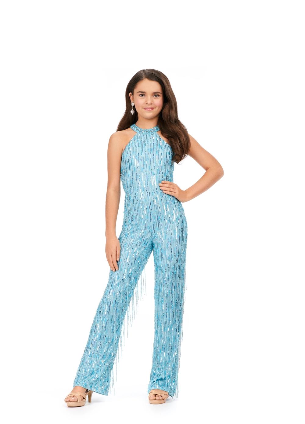 Sky ASHLEYlauren Kids 8194 runway-ready fully beaded jumpsuit featuring a halter neckline and fringe detailing throughout for the perfect amount of movement and glamour.