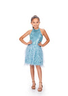 Sky ASHLEYlauren Kids 8196 Fully Beaded A-Line Cocktail Dress with Halter Neckline and Feather Details