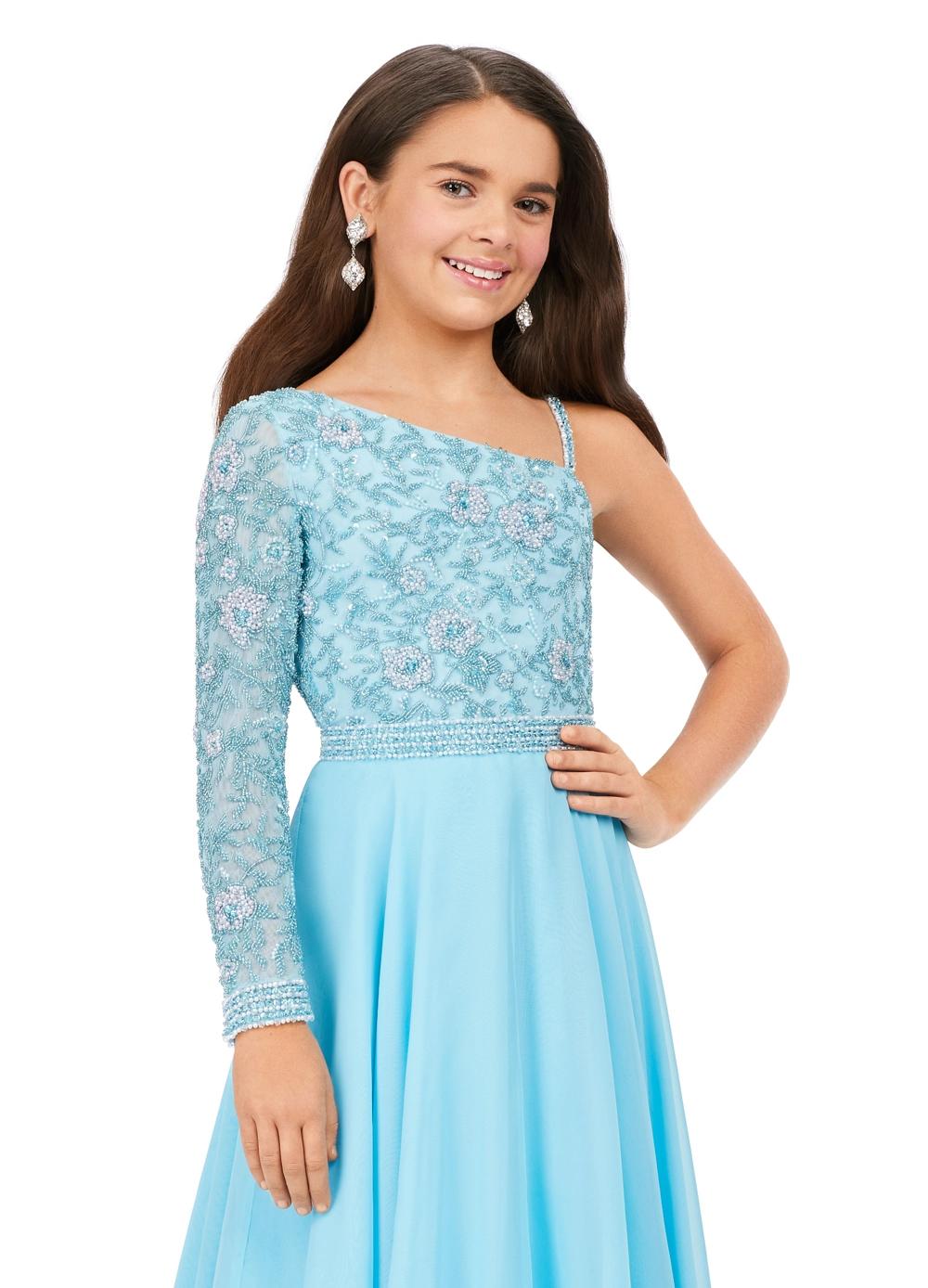 Sky ASHLEYlauren Kids 8197 One Shoulder Gown with Beaded Bustier and Chiffon Skirt