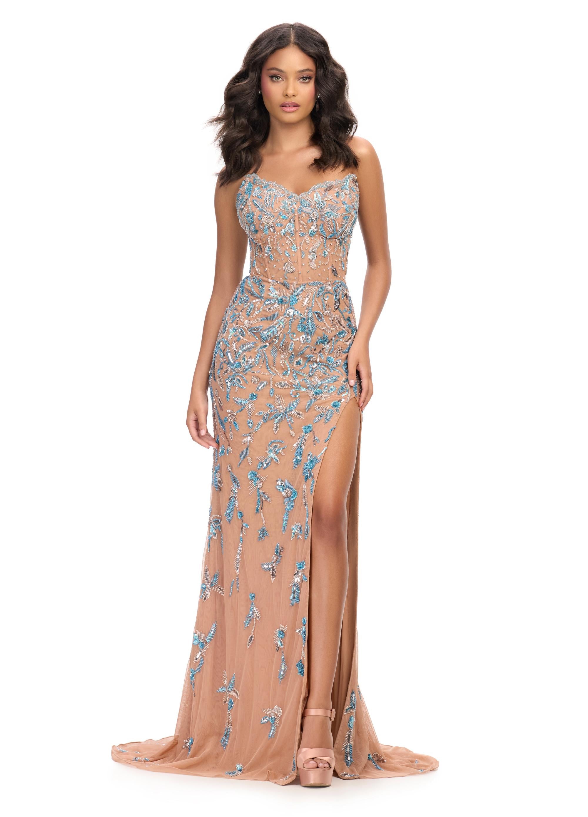 Sky/Nude ASHLEYlauren 11614 Strapless Fully Beaded Gown with Sweetheart Neckline, Illusion Corset Bustier, and Left Leg Slit