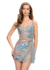 Sky/Nude ASHLEYlauren 4778 Cocktail Dress with Beaded Fringe, Illusion Slit, and Spaghetti Straps
